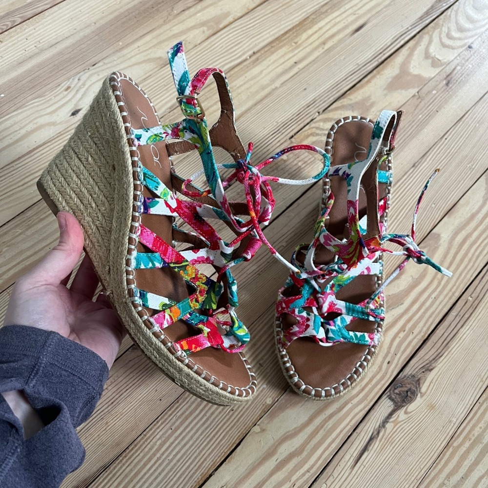 Sugar Womens Floral Espadrille Wedge Sandals Multi Color Strappy LaceUp Size 7.5